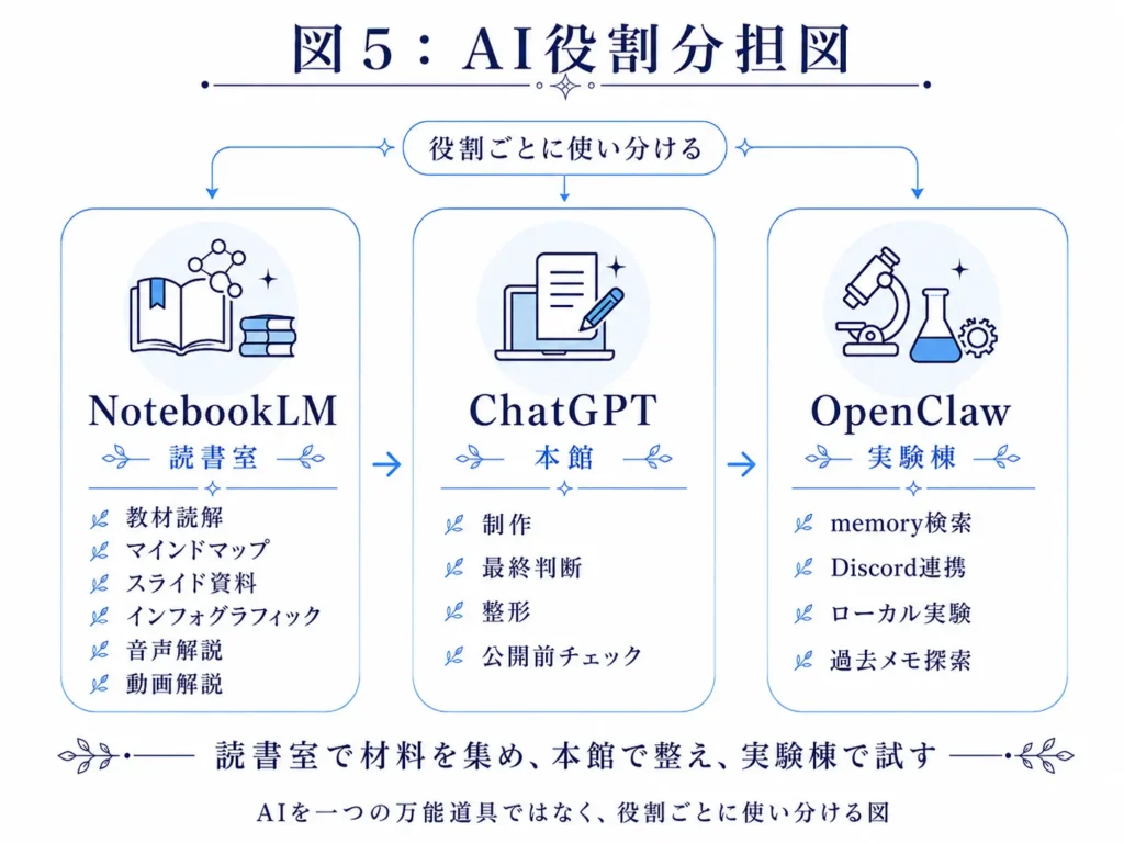 ChatGPT、NotebookLM、Gemini、OpenClawなど複数のAIツールの役割分担を整理した図解
