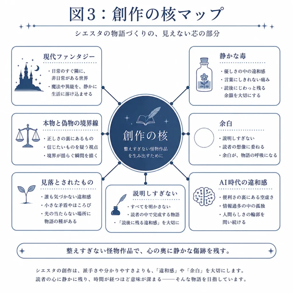 シエスタの創作テーマを、AI、神、家族、記憶、制度、名前などの核に分けて整理したマップ図