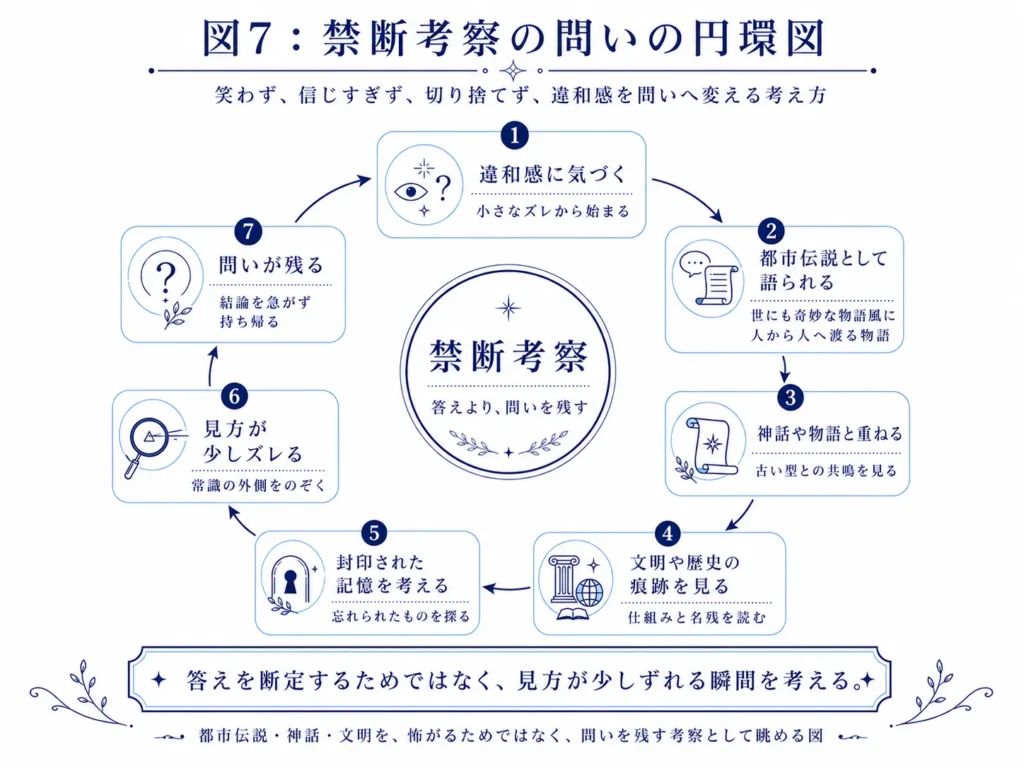 都市伝説、神話、文明、AI、世にも奇妙な物語風の違和感などを円環状に整理した禁断考察の問いの図解