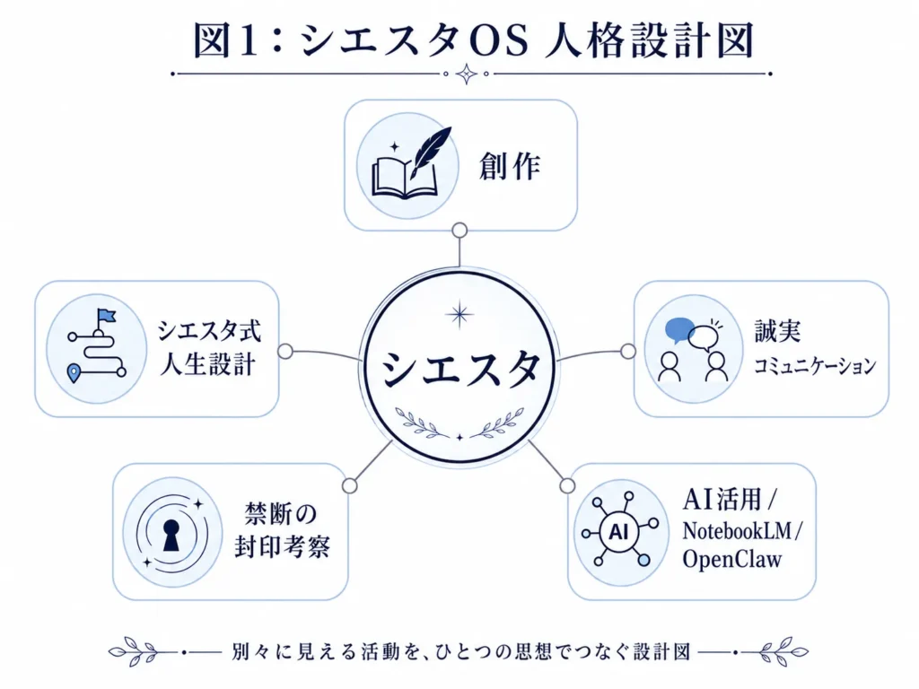 シエスタOSの人格設計を、創作、人生設計、AI活用、誠実コミュニケーションなどの要素で整理した図解