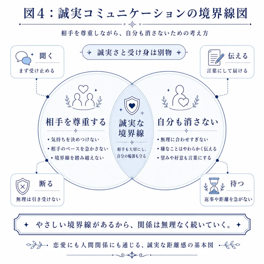 誠実なコミュニケーションにおける相手への尊重と自分の境界線のバランスを示した図解