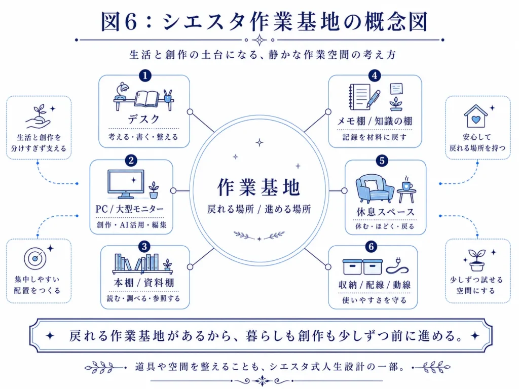 シエスタの作業基地を、創作、note、AI活用、生活設計を支える中心拠点として表した概念図